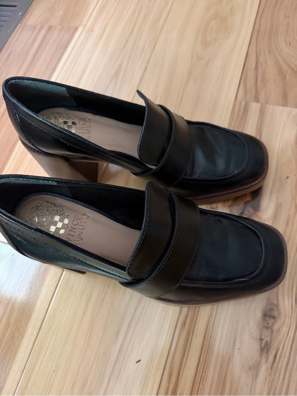 Vince Camuto Black Leather Block Heel Penny Loafers